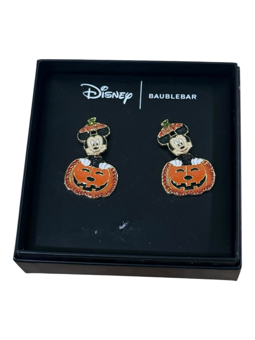 Disney x BaubleBar Mickey Pumpkin Earrings Halloween Rhinestone Jack O Lantern